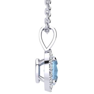 1 1/4 Carat Oval Shape Aquamarine and Halo Diamond Necklace In Sterling Silver With 18 Inch Chain