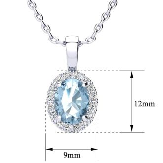 1 1/4 Carat Oval Shape Aquamarine and Halo Diamond Necklace In  Sterling Silver With 18 Inch Chain