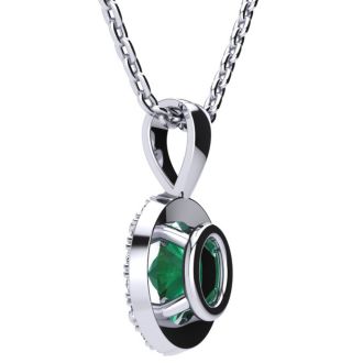 1 1/4 Carat Oval Shape Emerald and Halo Diamond Necklace In Sterling Silver With 18 Inch Chain