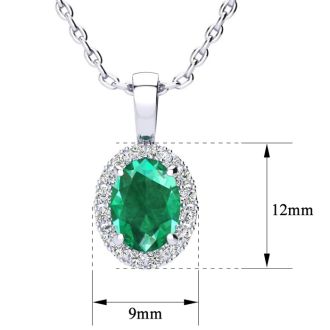 1 1/4 Carat Oval Shape Emerald and Halo Diamond Necklace In Sterling Silver With 18 Inch Chain