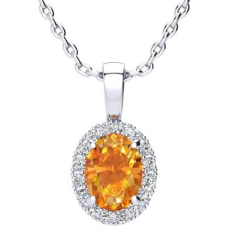 1 1/4 Carat Oval Shape Citrine and Halo Diamond Necklace In Sterling Silver With 18 Inch Chain