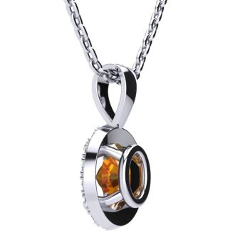 1 1/4 Carat Oval Shape Citrine and Halo Diamond Necklace In Sterling Silver With 18 Inch Chain