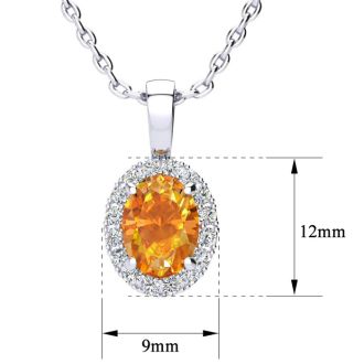 1 1/4 Carat Oval Shape Citrine and Halo Diamond Necklace In Sterling Silver With 18 Inch Chain