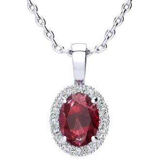 1 1/4 Carat Oval Shape Ruby and Halo Diamond Necklace In Sterling Silver With 18 Inch Chain