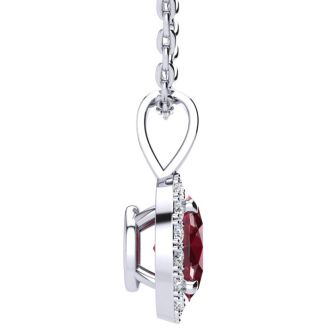 1 1/4 Carat Oval Shape Ruby and Halo Diamond Necklace In Sterling Silver With 18 Inch Chain