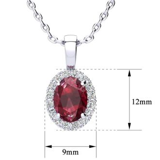 1 1/4 Carat Oval Shape Ruby and Halo Diamond Necklace In Sterling Silver With 18 Inch Chain
