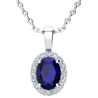1 1/4 Carat Oval Shape Sapphire and Halo Diamond Necklace In Sterling Silver With 18 Inch Chain