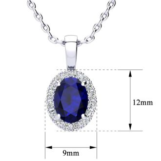 1 1/4 Carat Oval Shape Sapphire and Halo Diamond Necklace In Sterling Silver With 18 Inch Chain