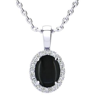 1 1/4 Carat Oval Shape Black Onyx and Halo Diamond Necklace In Sterling Silver With 18 Inch Chain