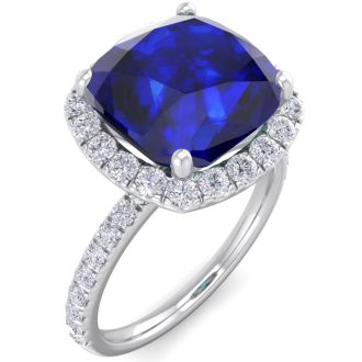 Sapphire Ring: 5 1/2 Carat Cushion Cut Created Sapphire and Halo Diamond Ring In Sterling Silver