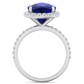 Sapphire Ring: 5 1/2 Carat Cushion Cut Created Sapphire and Halo Diamond Ring In Sterling Silver