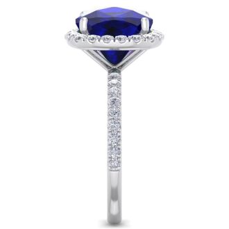 Sapphire Ring: 5 1/2 Carat Cushion Cut Created Sapphire and Halo Diamond Ring In Sterling Silver