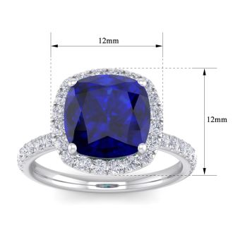 Sapphire Ring: 5 1/2 Carat Cushion Cut Created Sapphire and Halo Diamond Ring In Sterling Silver