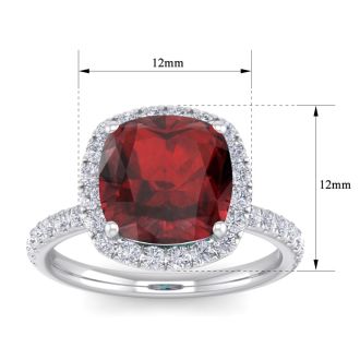 Garnet Ring: 5 1/2 Carat Cushion Cut Garnet and Halo Diamond Ring In Sterling Silver