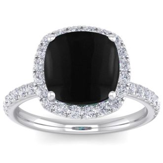 Black Onyx Ring: 5 1/2 Carat Cushion Cut Black Onyx and Halo Diamond Ring In Sterling Silver