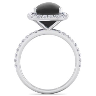 Black Onyx Ring: 5 1/2 Carat Cushion Cut Black Onyx and Halo Diamond Ring In Sterling Silver