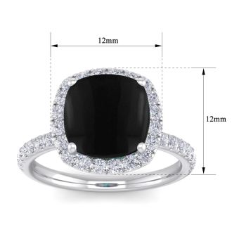 Black Onyx Ring: 5 1/2 Carat Cushion Cut Black Onyx and Halo Diamond Ring In Sterling Silver