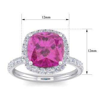 Pink Sapphire Ring: 5 1/2 Carat Cushion Cut Created Pink Sapphire and Halo Diamond Ring In Sterling Silver