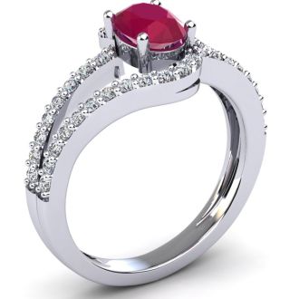 Ruby Ring: 1.40 Carat Oval Shape Created Ruby and Fancy Diamond Ring In Sterling Silver