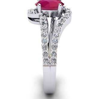 Ruby Ring: 1.40 Carat Oval Shape Created Ruby and Fancy Diamond Ring In Sterling Silver