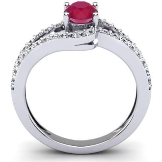 Ruby Ring: 1.40 Carat Oval Shape Created Ruby and Fancy Diamond Ring In Sterling Silver