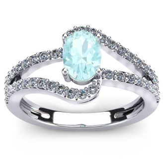 Aquamarine Ring: 1.40 Carat Oval Shape Aquamarine and Fancy Diamond Ring In Sterling Silver