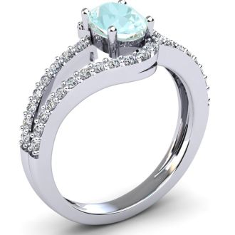 Aquamarine Ring: 1.40 Carat Oval Shape Aquamarine and Fancy Diamond Ring In Sterling Silver