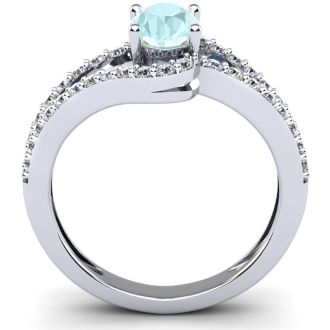 Aquamarine Ring: 1.40 Carat Oval Shape Aquamarine and Fancy Diamond Ring In Sterling Silver