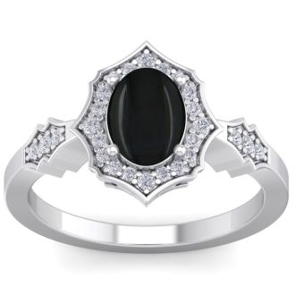 Black Onyx Ring: 1 1/2 Carat Oval Shape Black Onyx and Halo Diamond Ring In Sterling Silver