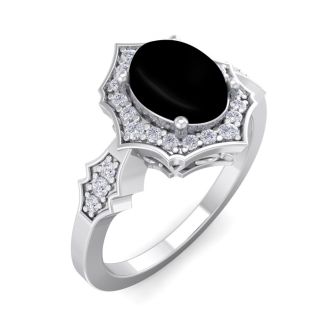 Black Onyx Ring: 1 1/2 Carat Oval Shape Black Onyx and Halo Diamond Ring In Sterling Silver
