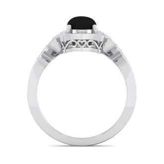 Black Onyx Ring: 1 1/2 Carat Oval Shape Black Onyx and Halo Diamond Ring In Sterling Silver