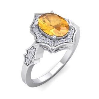 Citrine Ring: 1 1/2 Carat Oval Shape Citrine and Halo Diamond Ring In Sterling Silver