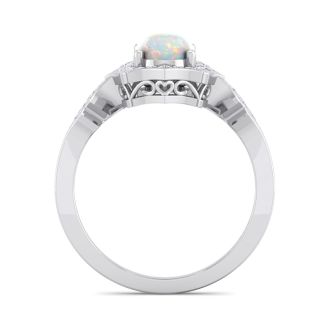 Opal Ring: 1 1/2 Carat Oval Shape Created Opal and Halo Diamond Ring In Sterling Silver