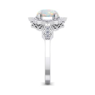 Opal Ring: 1 1/2 Carat Oval Shape Created Opal and Halo Diamond Ring In Sterling Silver