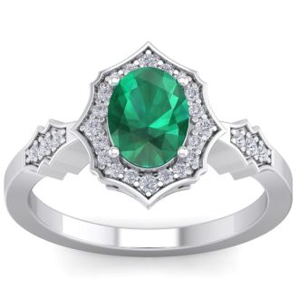 Emerald Ring: 1 1/2 Carat Oval Shape Created Emerald and Halo Diamond Ring In Sterling Silver