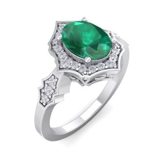 Emerald Ring: 1 1/2 Carat Oval Shape Created Emerald and Halo Diamond Ring In Sterling Silver