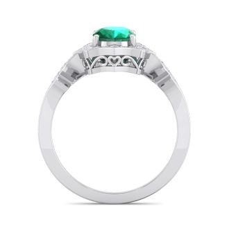 Emerald Ring: 1 1/2 Carat Oval Shape Created Emerald and Halo Diamond Ring In Sterling Silver