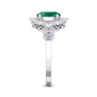 Emerald Ring: 1 1/2 Carat Oval Shape Created Emerald and Halo Diamond Ring In Sterling Silver