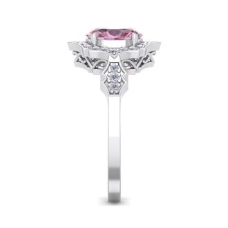 Pink Sapphire Ring: 1 1/2 Carat Oval Shape Created Pink Sapphire and Halo Diamond Ring In Sterling Silver