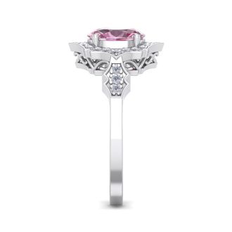 Pink Sapphire Ring: 1 1/2 Carat Oval Shape Created Pink Sapphire and Halo Diamond Ring In Sterling Silver