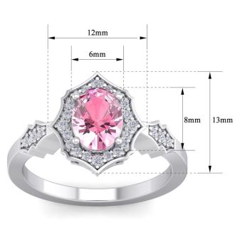 Pink Sapphire Ring: 1 1/2 Carat Oval Shape Created Pink Sapphire and Halo Diamond Ring In Sterling Silver