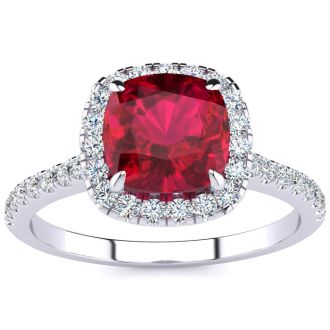 Ruby Ring: 2 Carat Cushion Cut Created Ruby and Halo Diamond Ring In Sterling Silver