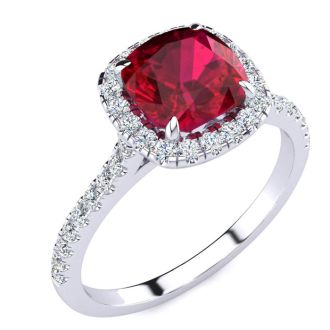 Ruby Ring: 2 Carat Cushion Cut Created Ruby and Halo Diamond Ring In Sterling Silver