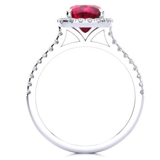 Ruby Ring: 2 Carat Cushion Cut Created Ruby and Halo Diamond Ring In Sterling Silver