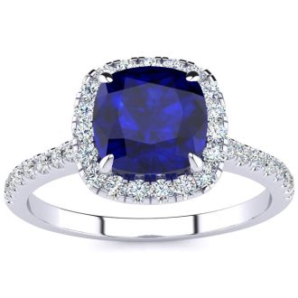 Sapphire Ring: 2 Carat Cushion Cut Created Sapphire and Halo Diamond Ring In Sterling Silver