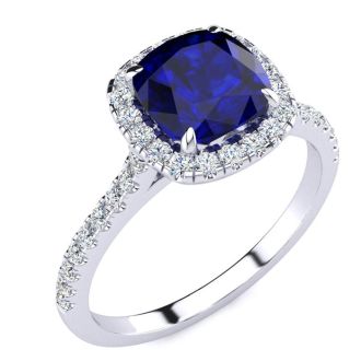 Sapphire Ring: 2 Carat Cushion Cut Created Sapphire and Halo Diamond Ring In Sterling Silver