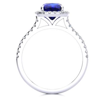 Sapphire Ring: 2 Carat Cushion Cut Created Sapphire and Halo Diamond Ring In Sterling Silver