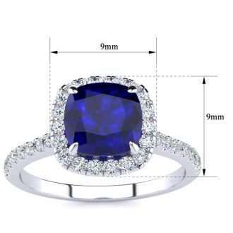 Sapphire Ring: 2 Carat Cushion Cut Created Sapphire and Halo Diamond Ring In Sterling Silver