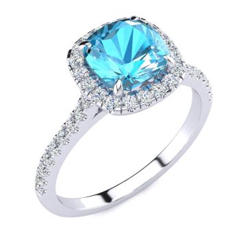 Blue Topaz Ring: 2 Carat Cushion Cut Blue Topaz and Halo Diamond Ring In Sterling Silver