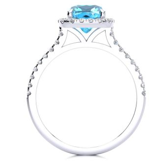 Blue Topaz Ring: 2 Carat Cushion Cut Blue Topaz and Halo Diamond Ring In Sterling Silver